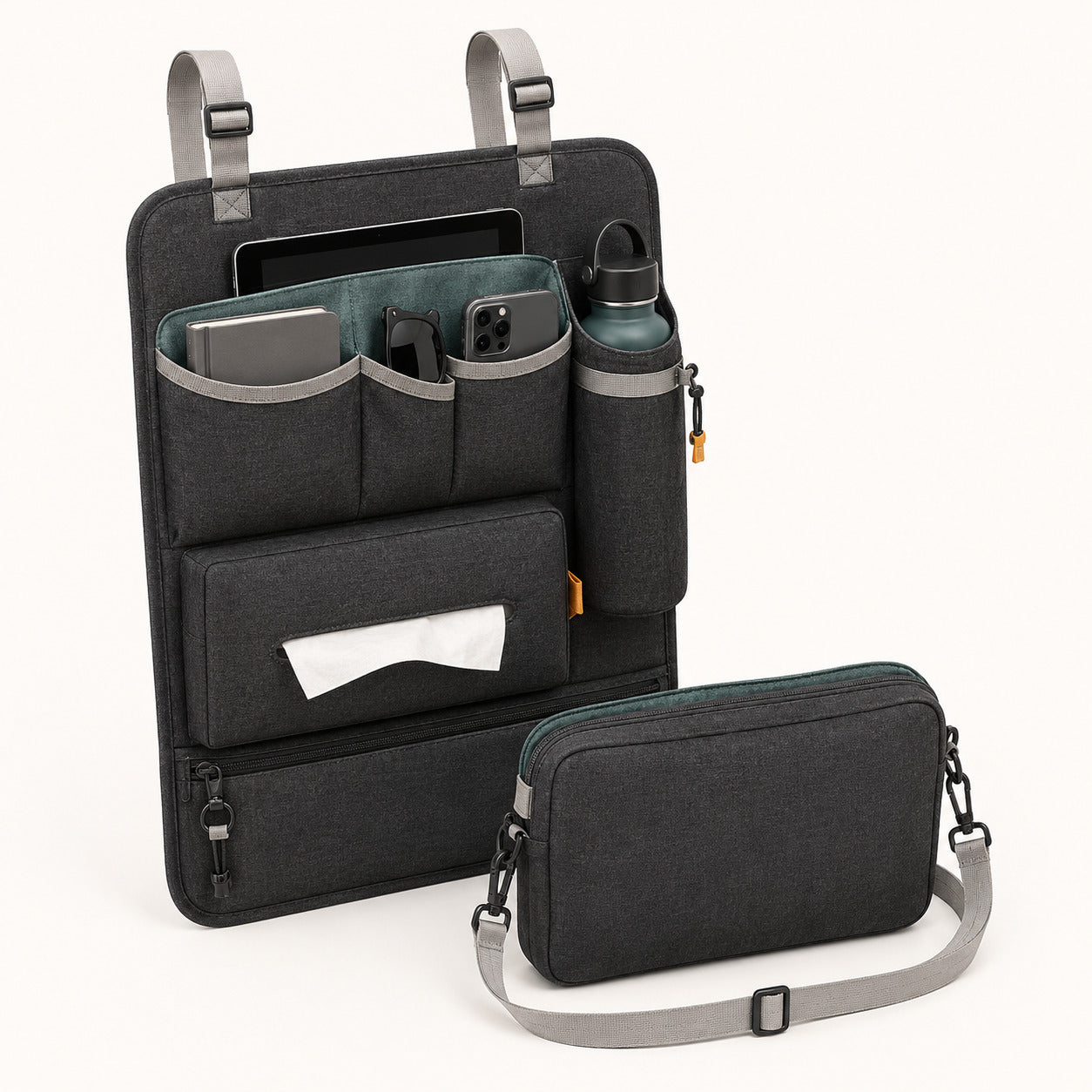 Rear Passenger Car Organiser with Detachable Crossbody Pouch