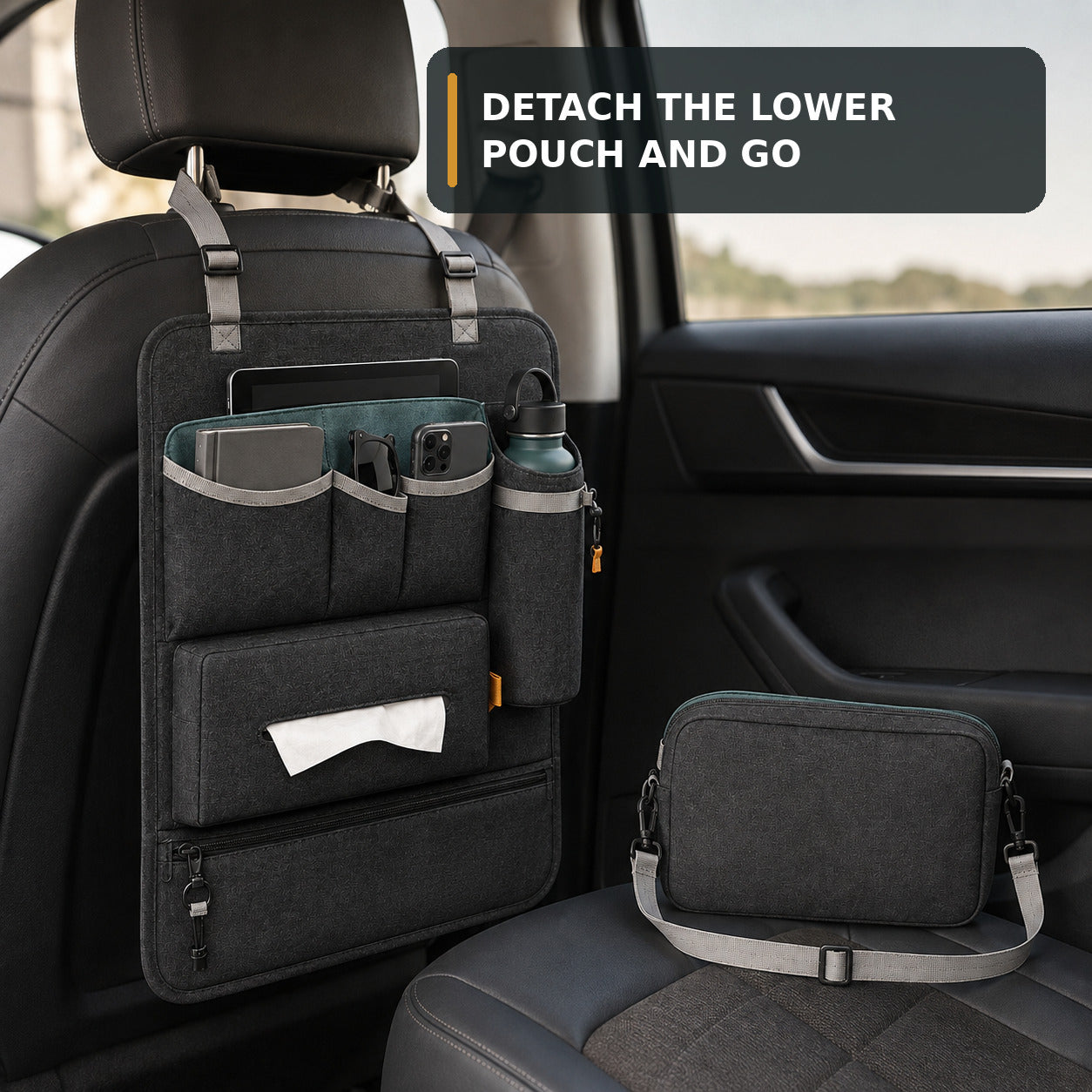 Rear Passenger Car Organiser with Detachable Crossbody Pouch