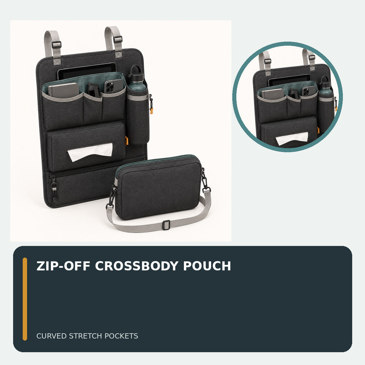 Rear Passenger Car Organiser with Detachable Crossbody Pouch