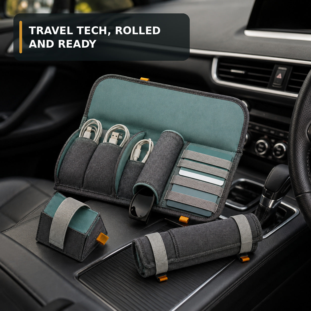 Car Cabin Tech Roll with Padded Cable and Sunglasses Storage