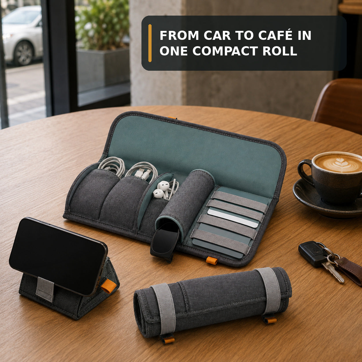 Car Cabin Tech Roll with Padded Cable and Sunglasses Storage