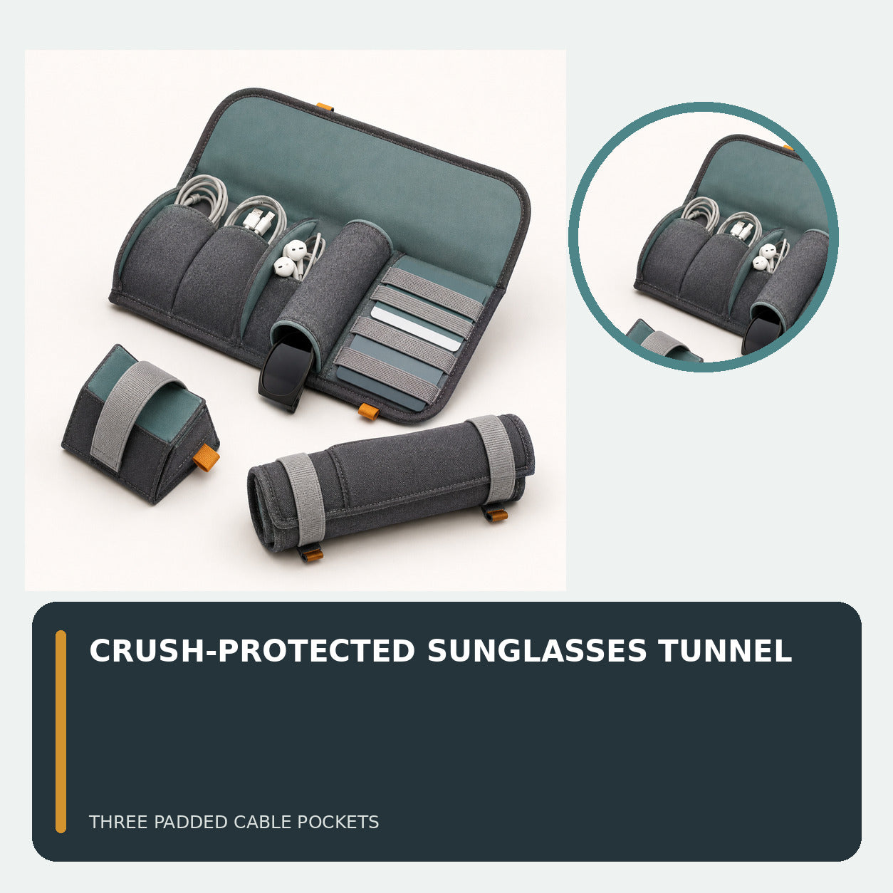 Car Cabin Tech Roll with Padded Cable and Sunglasses Storage