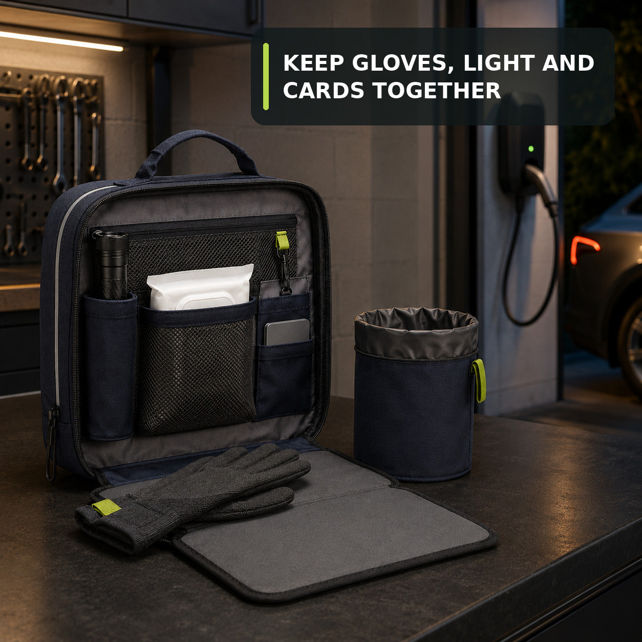 Night Charging Essentials Pouch with Fold-Out Kneeling Pad