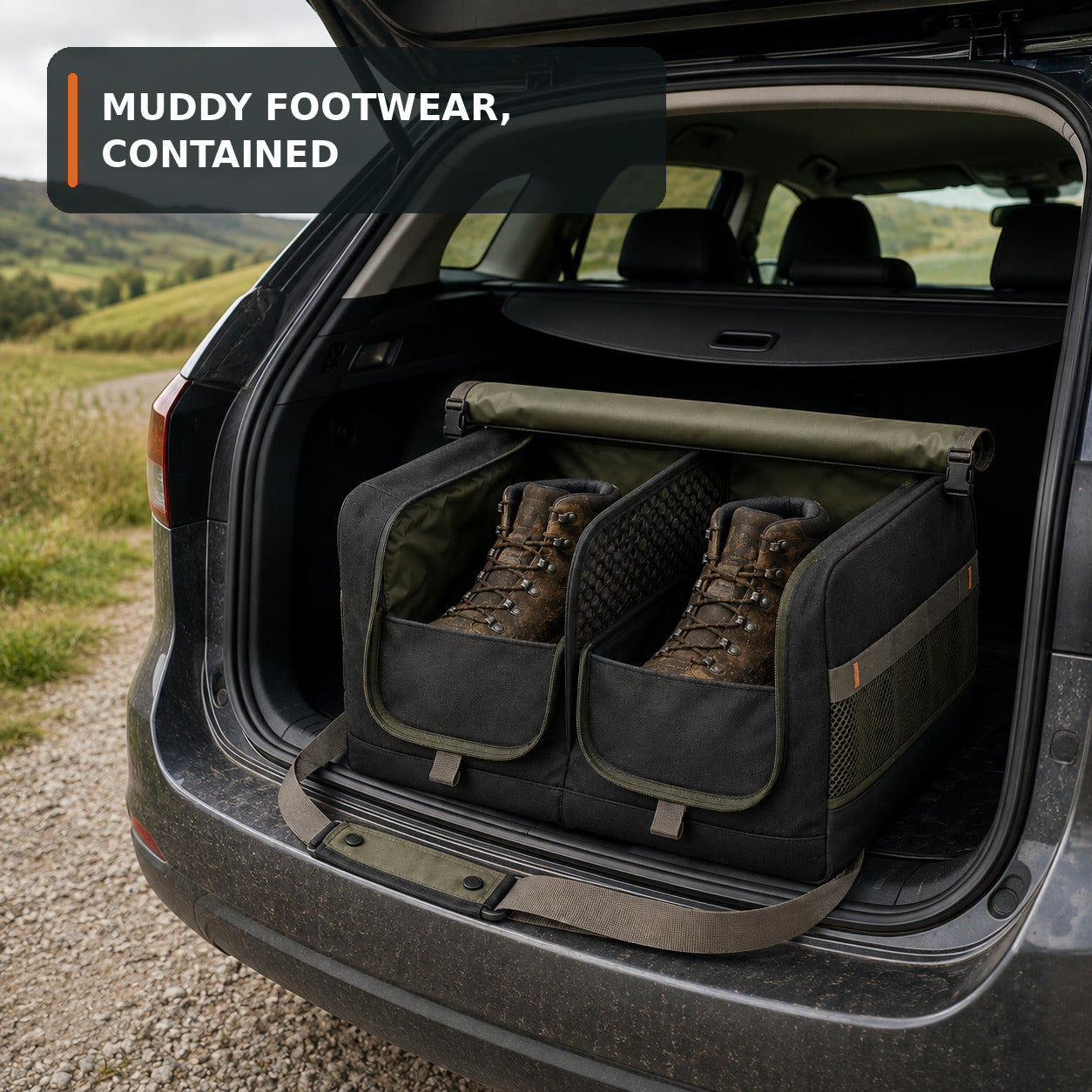 Twin-Compartment Muddy Footwear Carrier for Car Boots