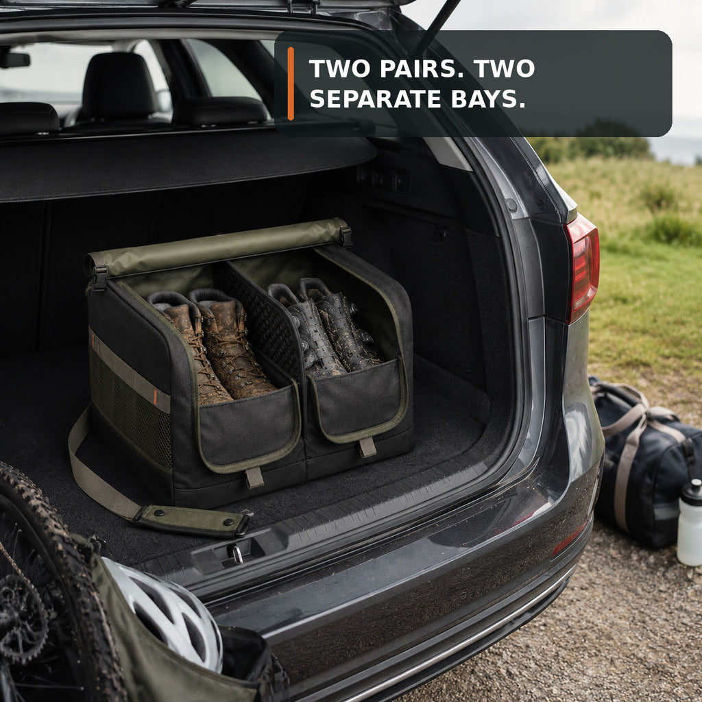 Twin-Compartment Muddy Footwear Carrier for Car Boots
