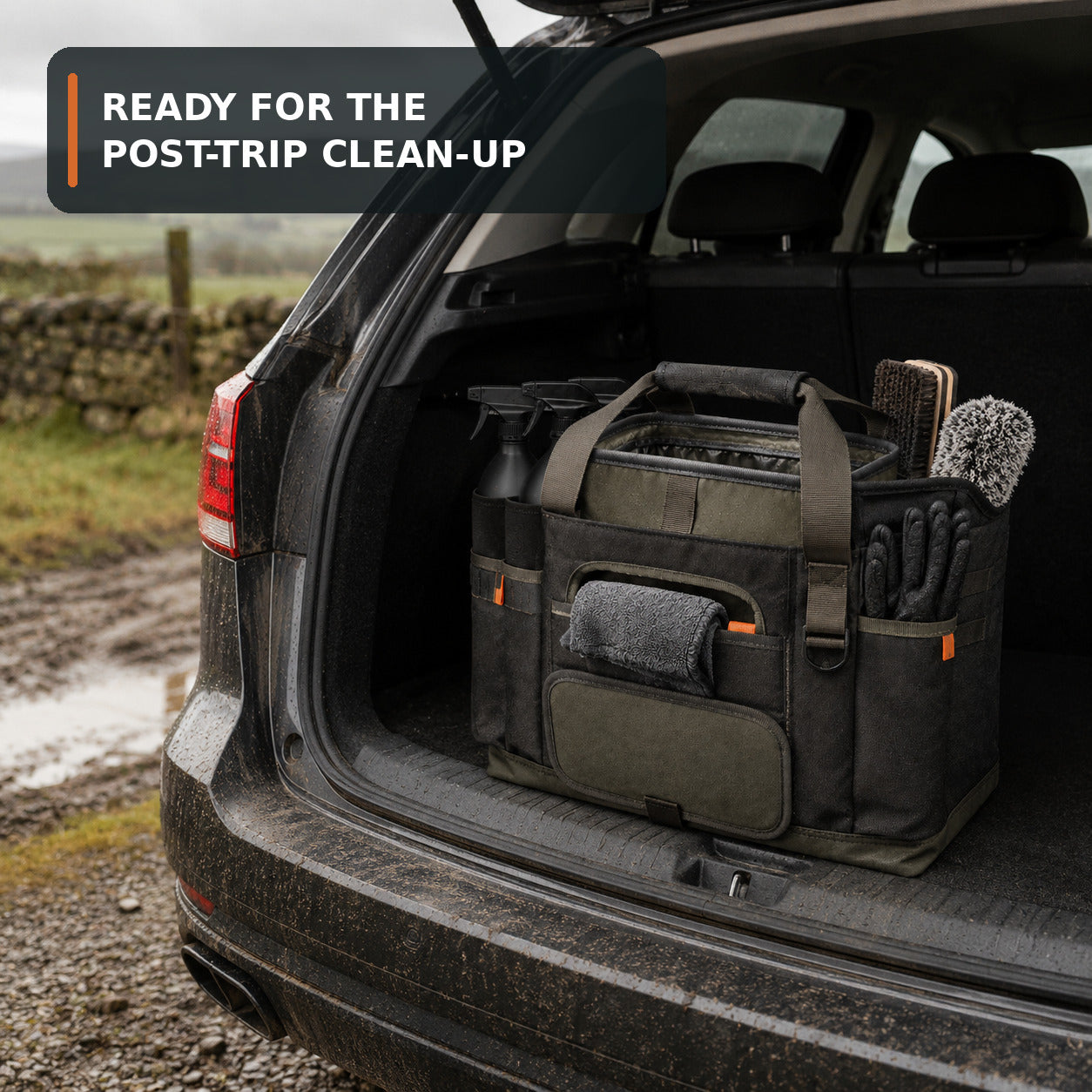Car Rain Clean-up Caddy with Towel Slot and Kneeling Pad