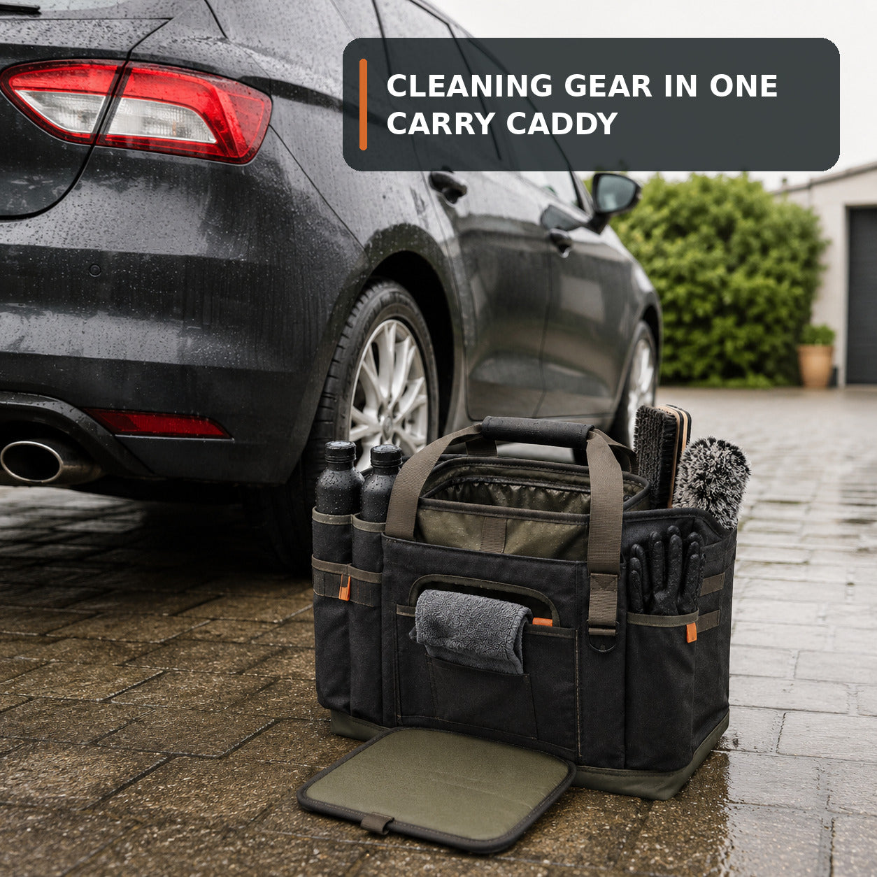 Car Rain Clean-up Caddy with Towel Slot and Kneeling Pad